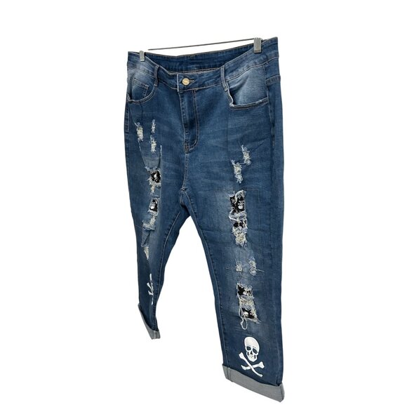 Distressed Blue Jeans Skull Print 3XL Relaxed Fit Trendy Denim Style - Picture 3 of 10